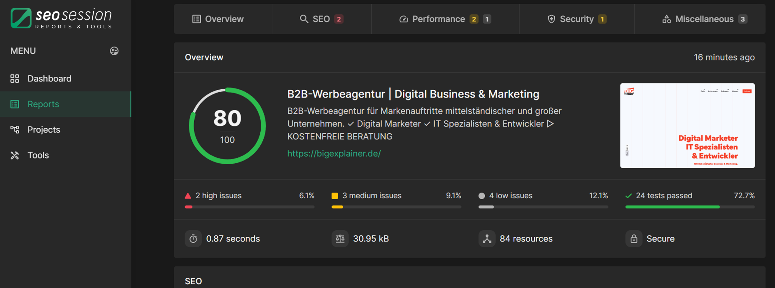 Kostenfreie SEO Tools & SEO Reportings von BIGexplainer